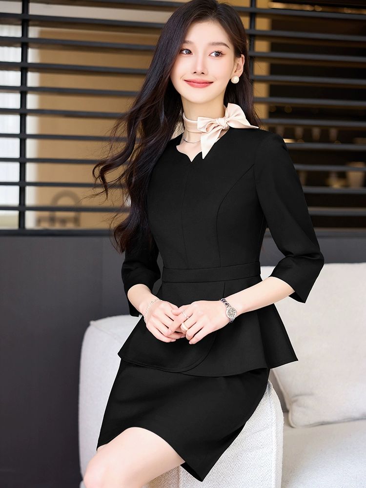 원피스 정장 여성 블라우스 바지 치마 슬랙스 투피스세트 봄 여름 가을 셔츠 1.연한 살구색 상의+스커트 투피스 - 상세 이미지 4
