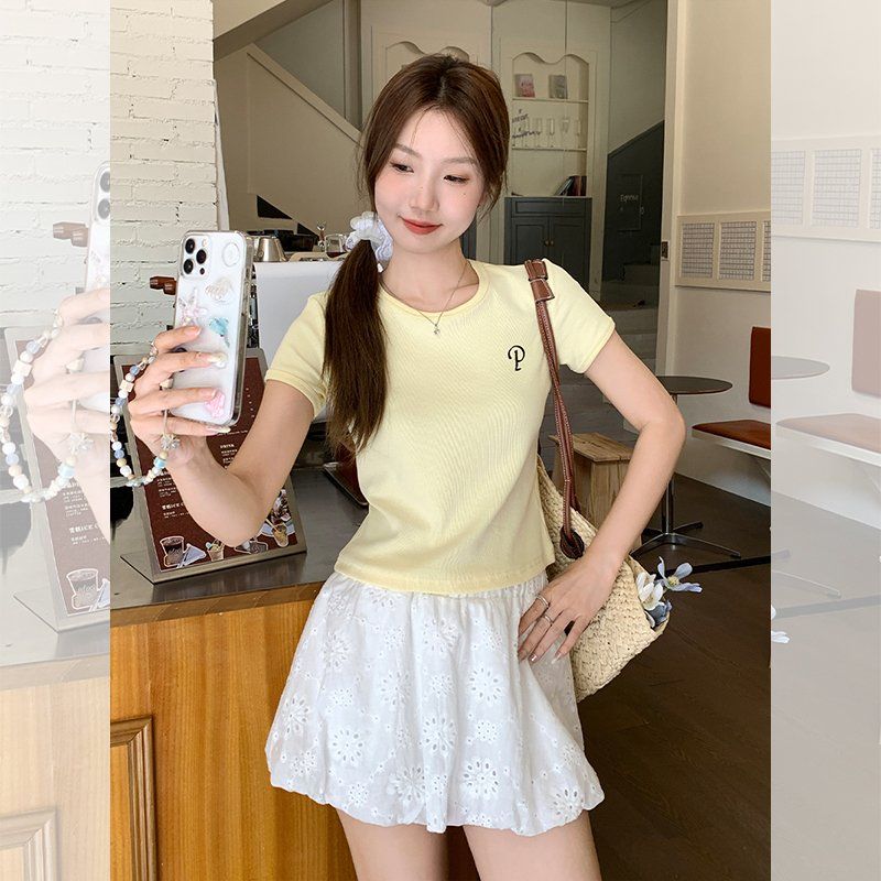 여성 봄여름 라운드넥 레터링 자수 슬림핏 면스판 반팔 티셔츠 데일리 캐주얼 - 상세 이미지 2