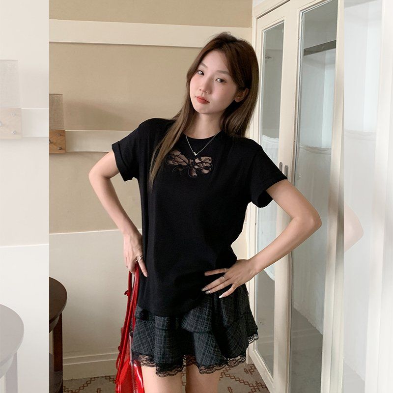 여성 여름 라운드넥 펀칭 리본 루즈핏 면스판 반팔 티셔츠 데일리 캐주얼 이지웨어 - 상세 이미지 3