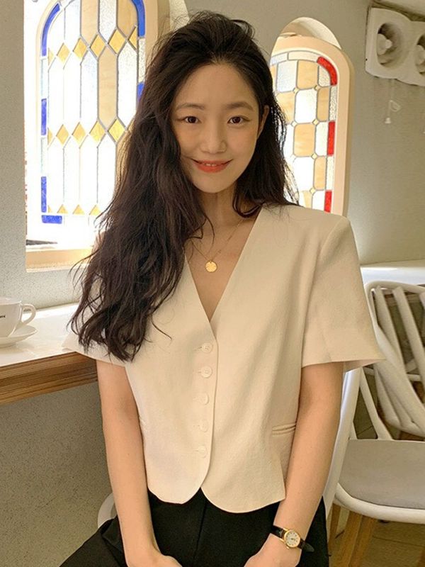 블라우스 V넥 반팔 여성 여름 얇은 셔츠 블레이저 린넨 자켓 1.화이트색 - 상품 이미지