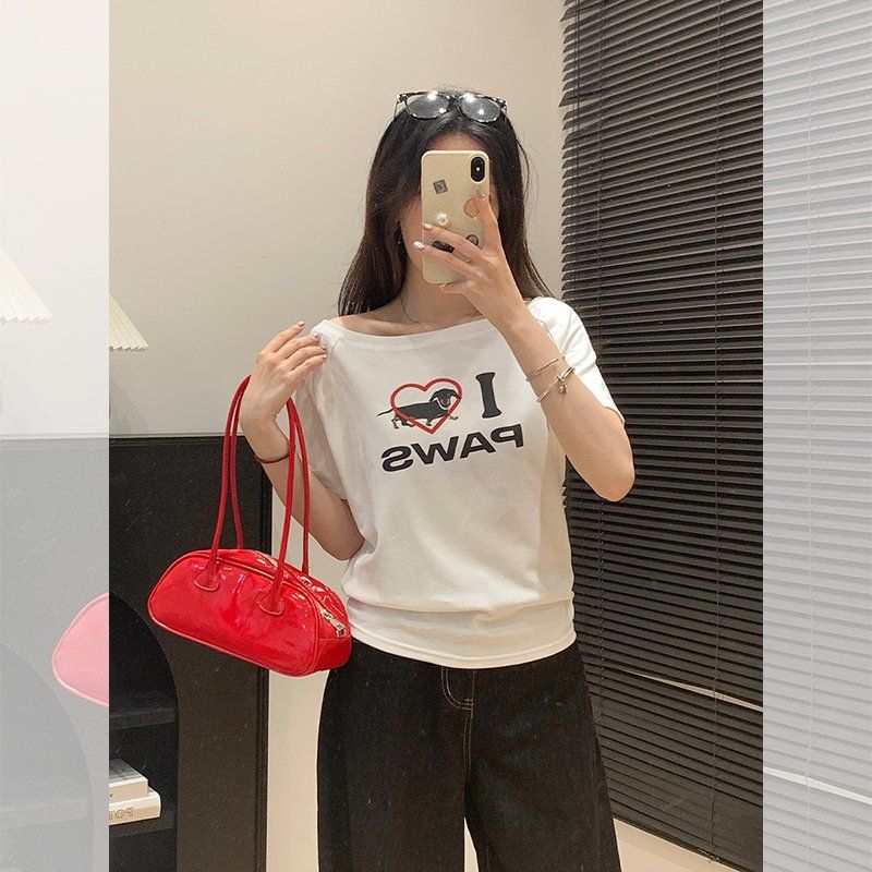 여성 여름 사선넥 오프숄더 레터링 프린팅 면스판 루즈핏 반팔 티셔츠 데일리 캐주얼룩 - 상세 이미지 3