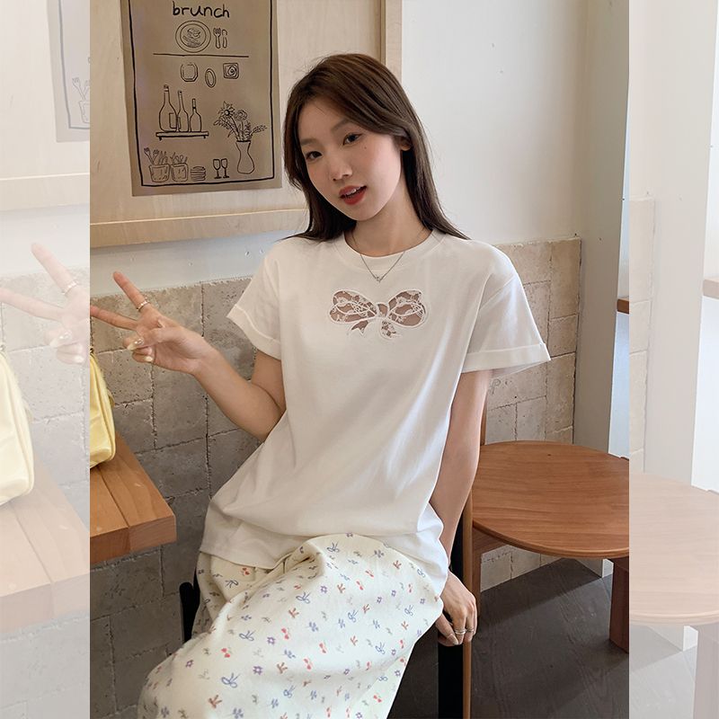 여성 여름 라운드넥 펀칭 리본 루즈핏 면스판 반팔 티셔츠 데일리 캐주얼 이지웨어 - 상세 이미지 5