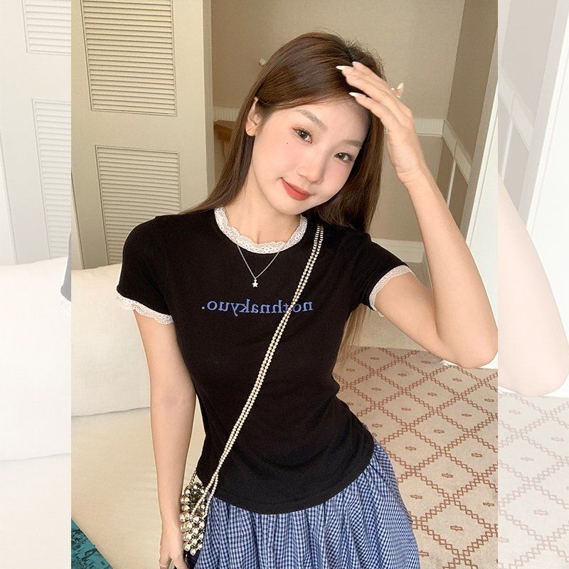 여름 라운드넥 펀칭 리본 루즈핏 여성 면스판 반팔 티셔츠 데일리 캐주얼 이지웨어 - 상세 이미지 2