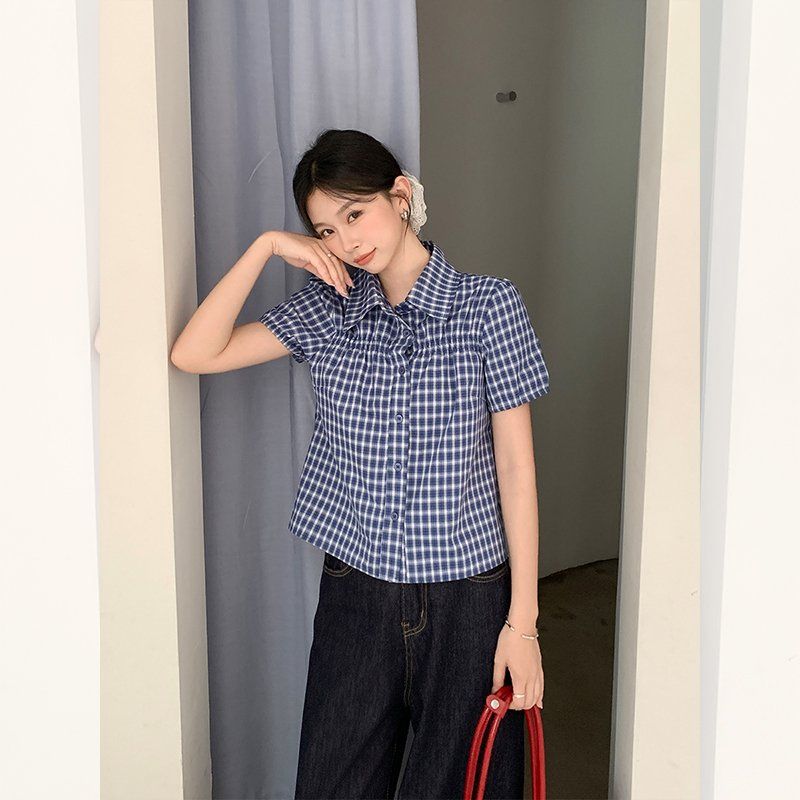 여성 여름 체크 퍼프소매 반팔 블라우스 폴로카라 크롭 셔츠 데일리 캐주얼 루즈핏 상의 - 상품 이미지