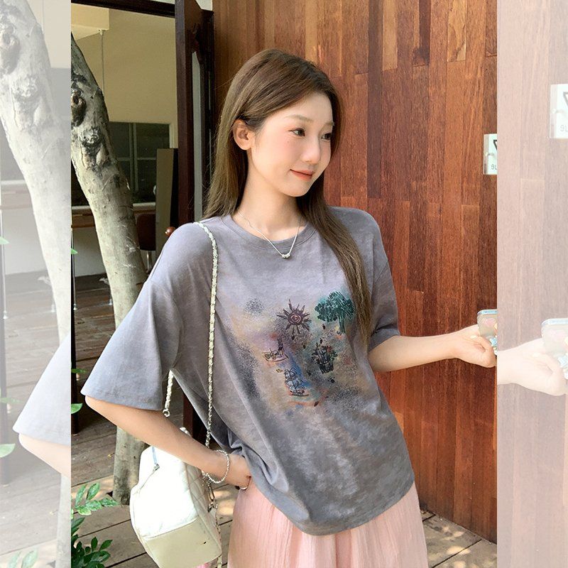 여성 오버핏 라운드넥 식물 프린팅 반팔티 루즈핏 여름 면스판 데일리 캐주얼 티셔츠 - 상품 이미지