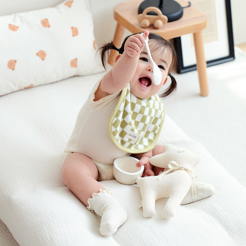 마롤로뜨 테리 사각 체커보드 아기 턱받이 순면 이유식 침받이 간식 양면 저자극