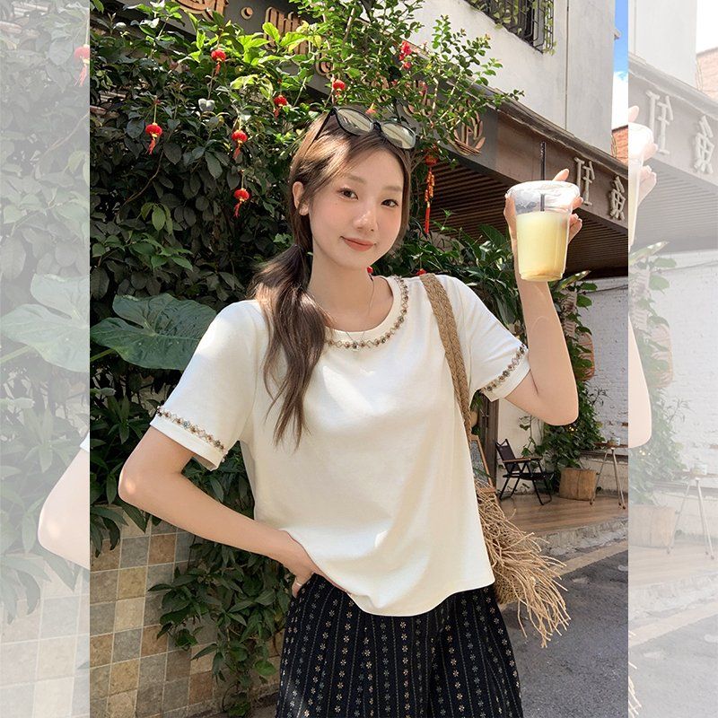 여성 라운드넥 진주 비즈 반팔티 루즈핏 여름 데일리 이지웨어 캐주얼 기본티 상의 - 상세 이미지 2