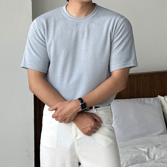 1+1 남자 캐레 여름 무지 라운드 니트지 반팔티 - 상세 이미지 4