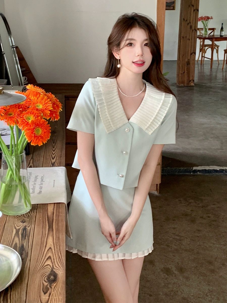 원피스 블레이저  드레스 여성용 정장 봄 여름 하객룩 프렌치 치마 A라인 스커트 투피스세트 민트세트 - 상품 이미지