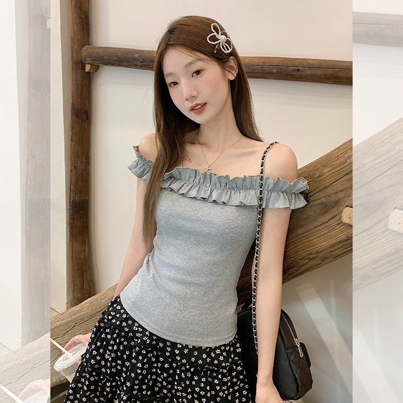 여성 오프숄더 프릴 티셔츠 슬림핏 루즈핏 반팔 여름 데일리 면스판 캐주얼 상의 - 상품 이미지