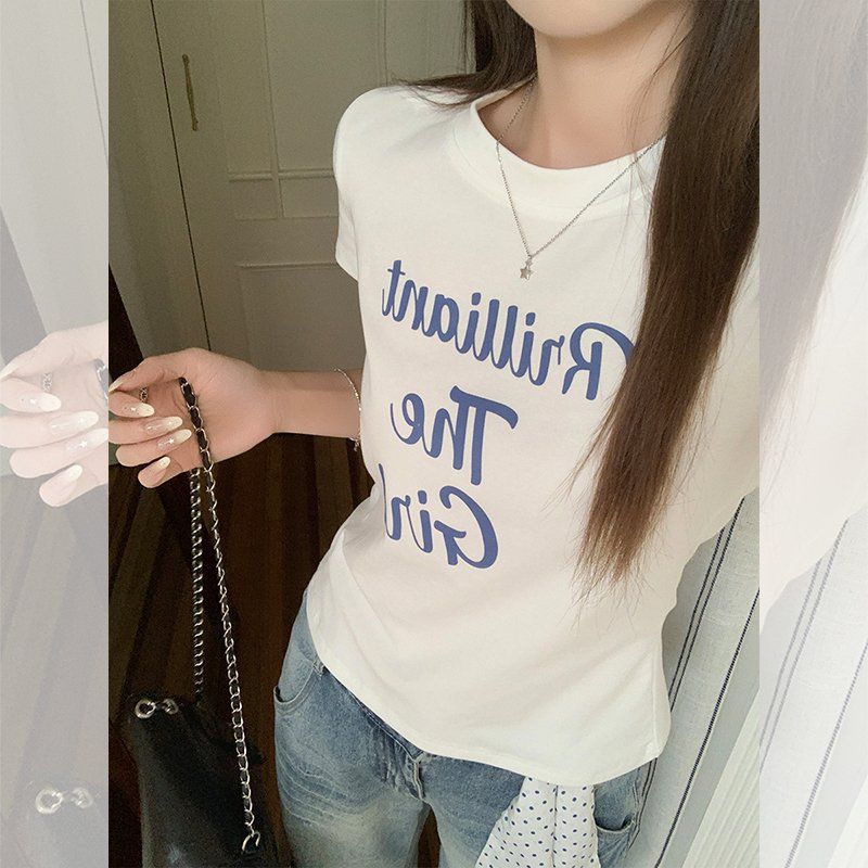 여성 슬림핏 라운드넥 레터링 프린팅 반팔티 면스판 여름 데일리 캐주얼 상의 - 상세 이미지 3