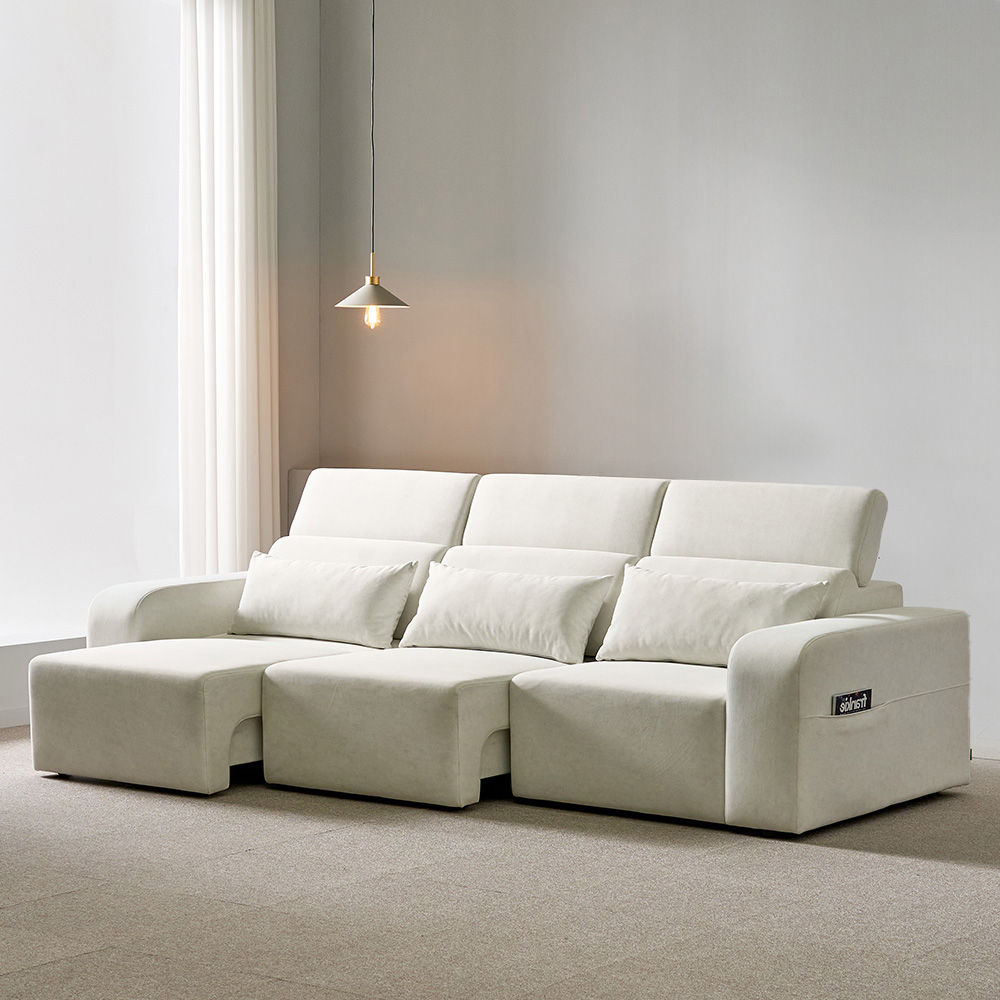 스코나 엘런스 아쿠아텍스 모션 슬라이딩 무빙 리클라이너 소파 스툴미포함, 아이보리, 4인용