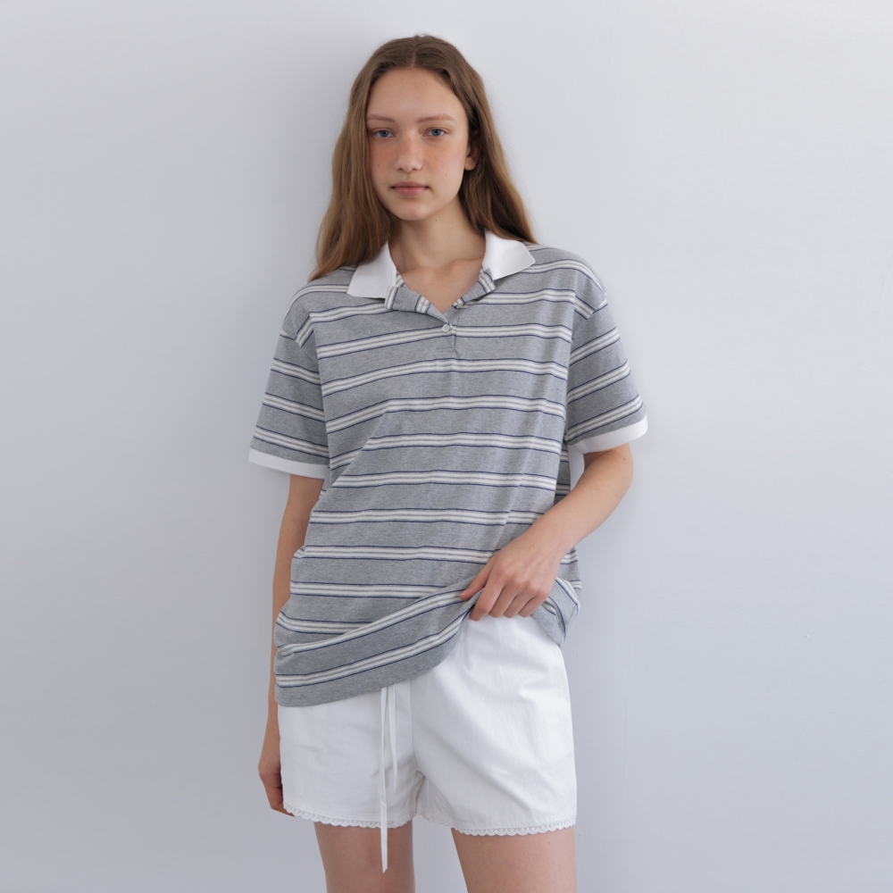 [어나우트] STRIPE COLLAR T-SHIRT GREY - 상품 이미지