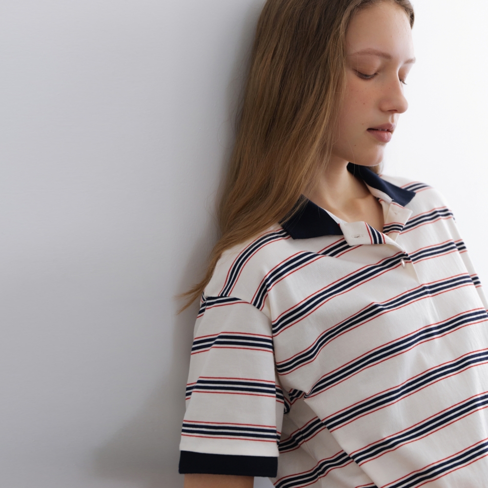 [어나우트] STRIPE COLLAR T-SHIRT IVORY - 상세 이미지 3
