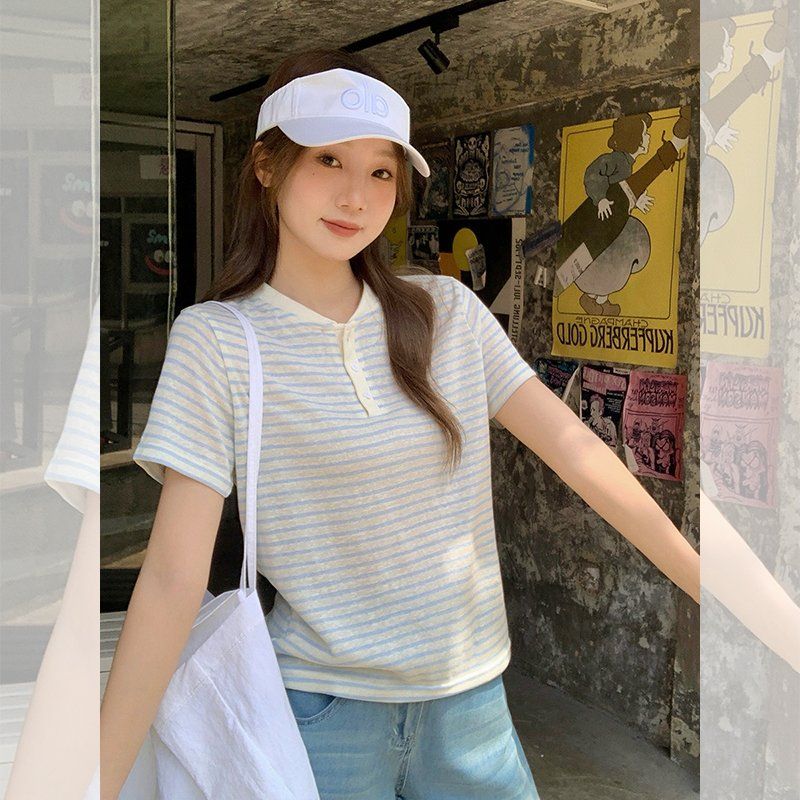 여성 루즈핏 스트라이프 반팔티 헨리넥 버튼 여름 데일리 캐주얼 면혼방 티셔츠 상의 - 상세 이미지 3