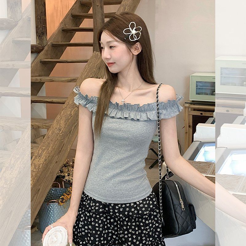 여성 오프숄더 프릴 티셔츠 슬림핏 루즈핏 반팔 여름 데일리 면스판 캐주얼 상의 - 상세 이미지 2