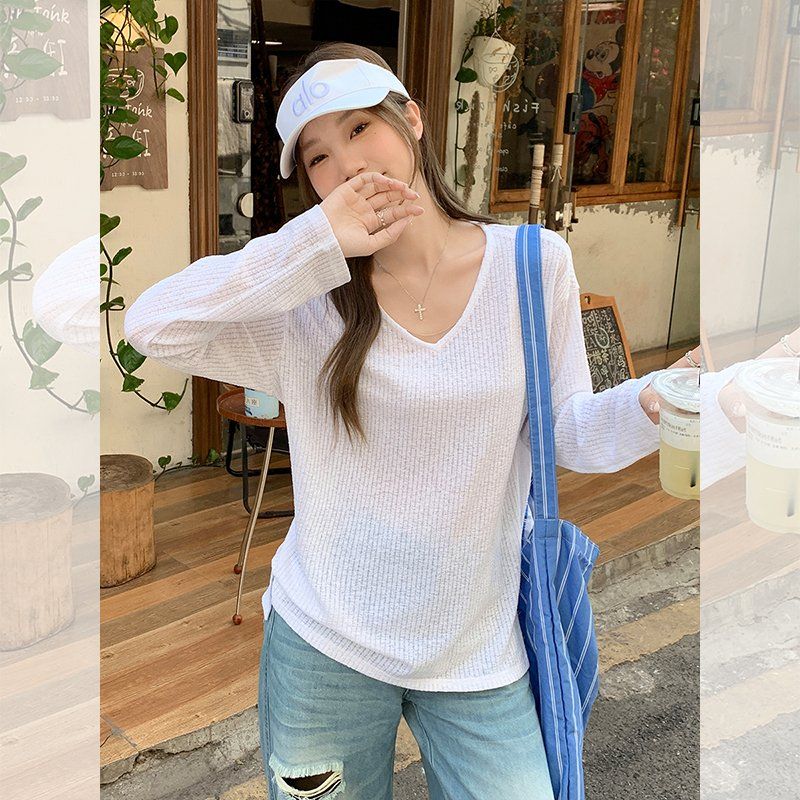 여성 여름 브이넥 루즈핏 긴팔 니트 시스루 비치웨어 데일리 오버핏 썸머 커버업 상의 - 메인 이미지