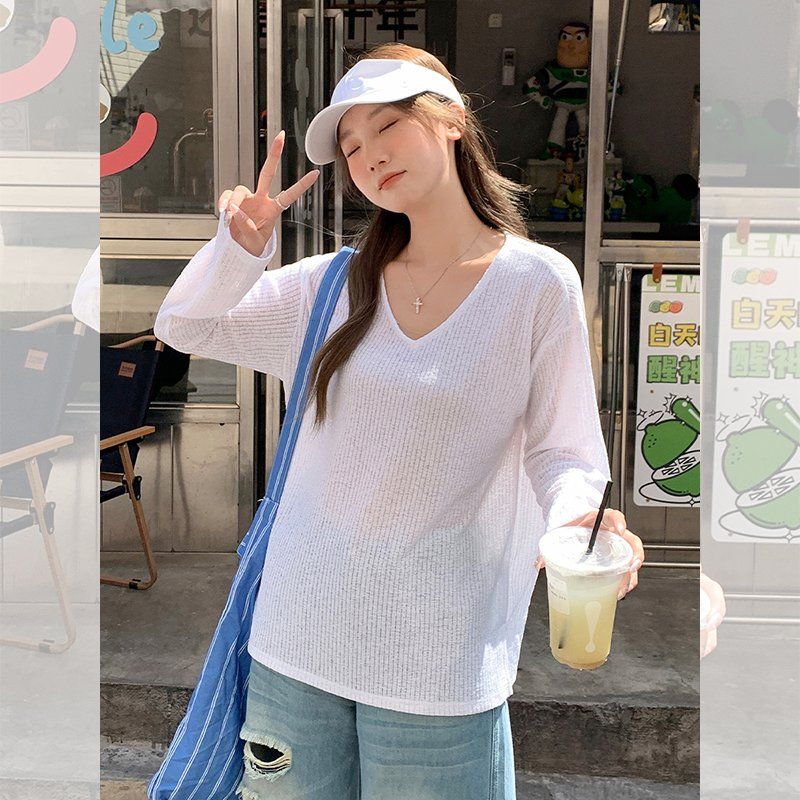 여성 여름 브이넥 루즈핏 긴팔 니트 시스루 비치웨어 데일리 오버핏 썸머 커버업 상의 - 상세 이미지 3