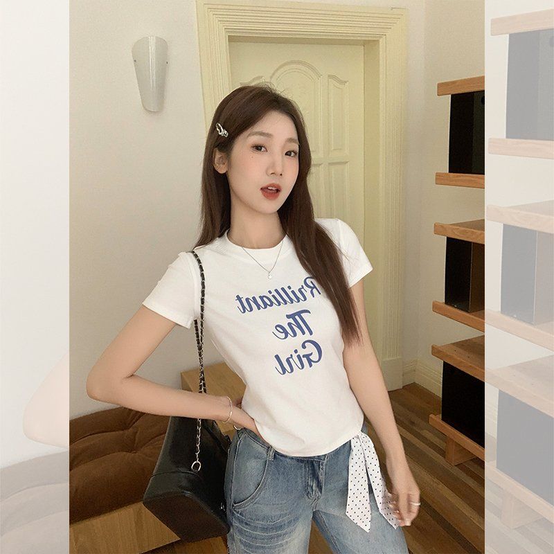 여성 슬림핏 라운드넥 레터링 프린팅 반팔티 면스판 여름 데일리 캐주얼 상의 - 메인 이미지