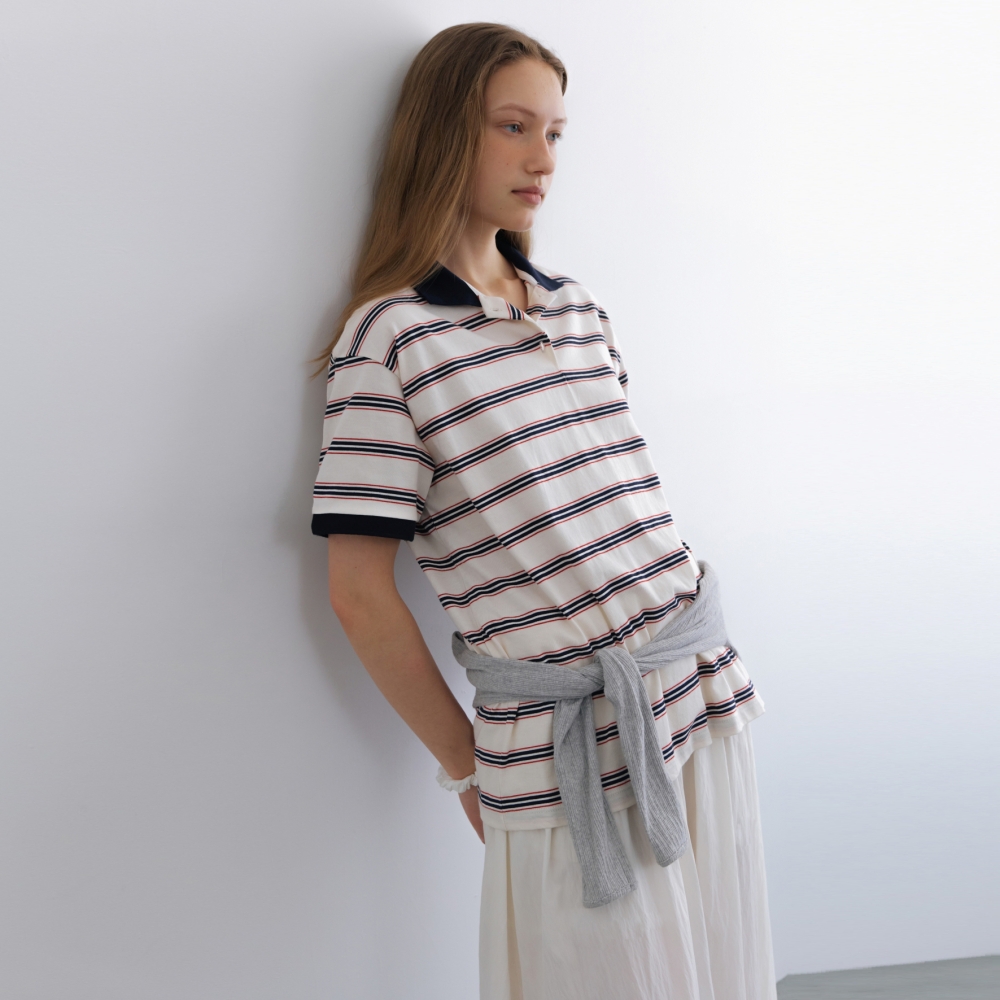 [어나우트] STRIPE COLLAR T-SHIRT IVORY - 상세 이미지 2