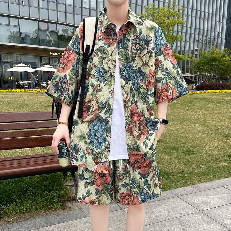 하와이안셔츠 남자 여름 휴양지룩 야자수 꽃무늬 남방 핑크 상하의 세트 M(45-55kg) - 상세 이미지 5