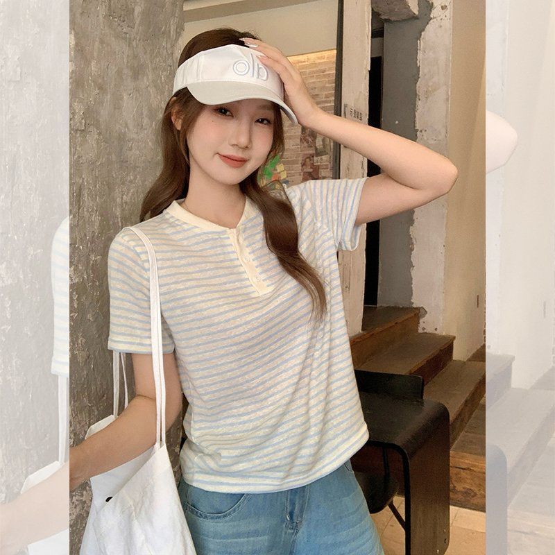 여성 루즈핏 스트라이프 반팔티 헨리넥 버튼 여름 데일리 캐주얼 면혼방 티셔츠 상의 - 상품 이미지