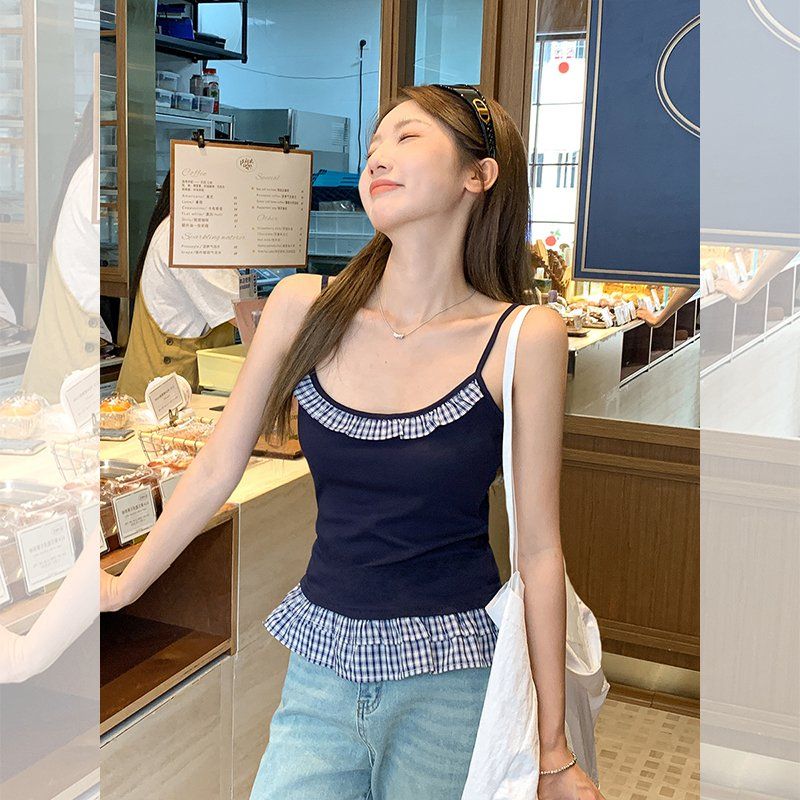 여성 레이어드 프릴 민소매 나시 슬림핏 페이크 투피스 여름 데일리 면스판 티셔츠 상의 - 메인 이미지