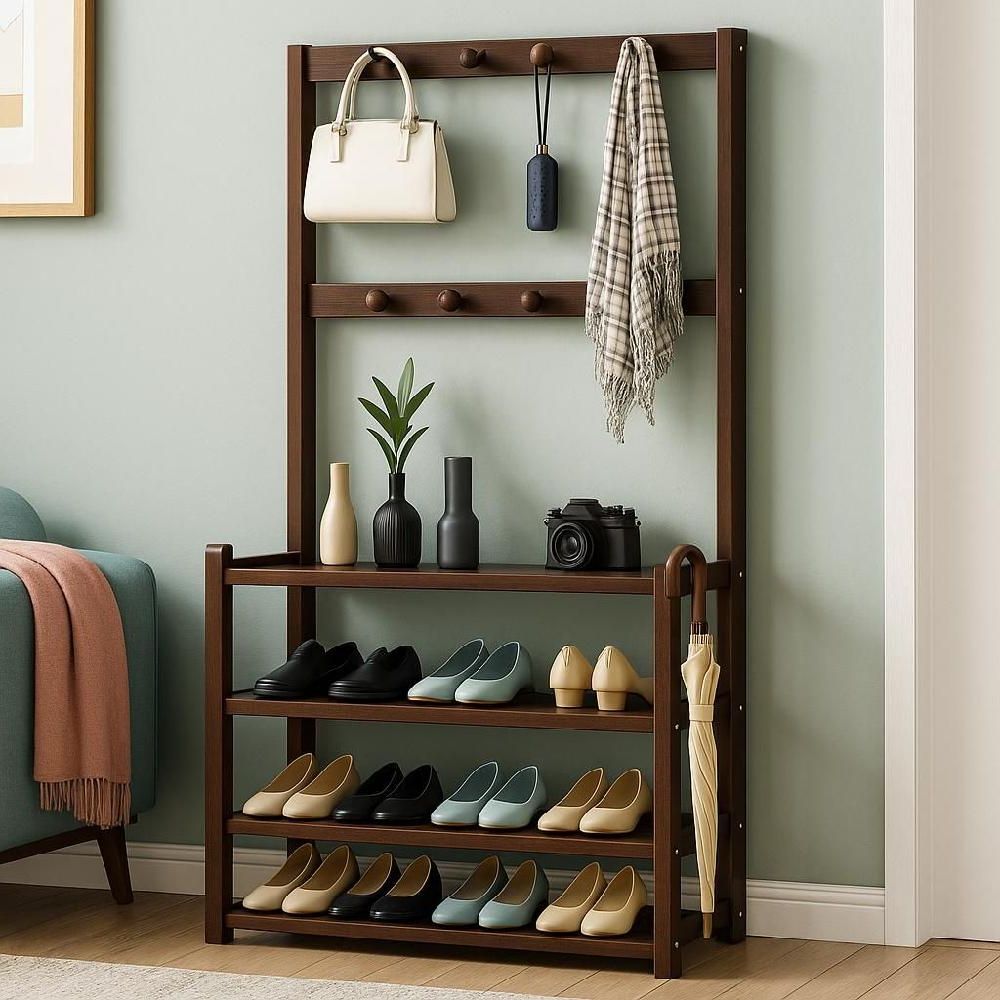 현관 행거신발장 원목 일체형 옷걸이 신발 수납장 브라운 4층 50m