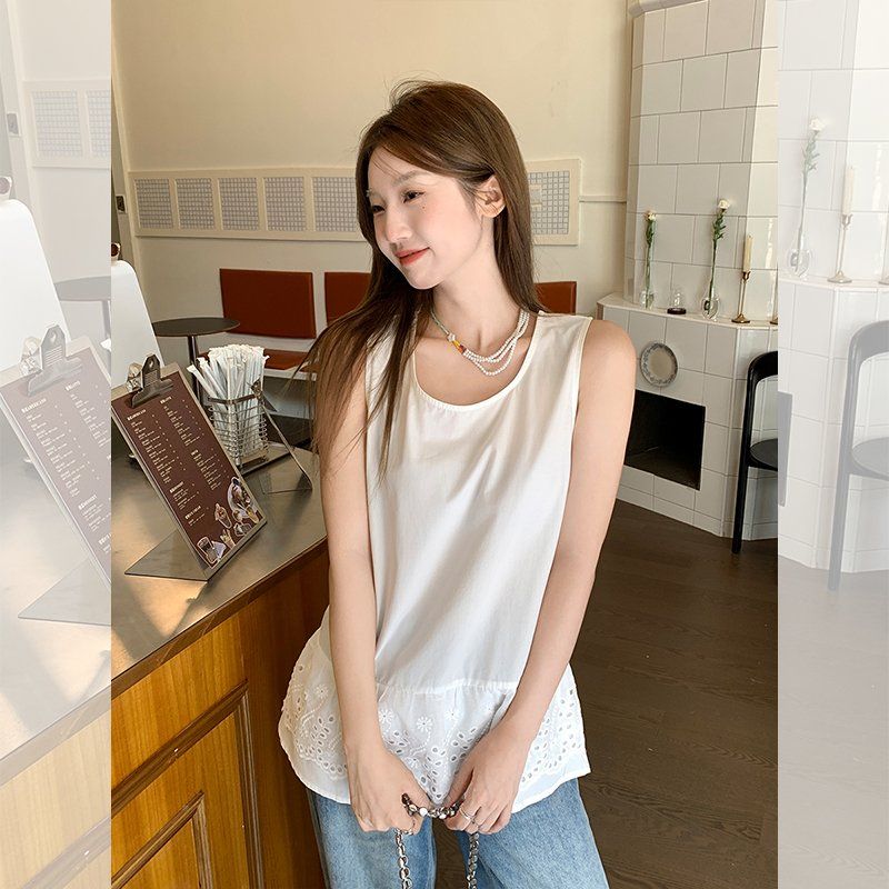 여성 루즈핏 민소매 나시 레이스 자수 밑단 여름 데일리 기본티 텐셀 코튼 상의 - 상품 이미지