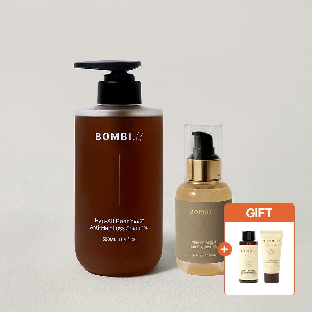 [모발케어 SET] 봄비유 한올 맥주효모 탈모 쿨링 샴푸&모로코 아르간 오일 에센스