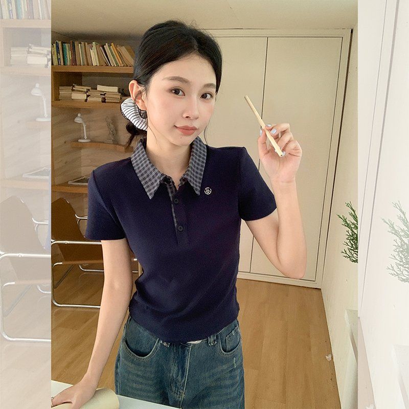 여성 슬림핏 폴로카라 반팔티 배색 체크넥 여름 데일리 면스판 캐주얼 기본 상의 - 상세 이미지 4