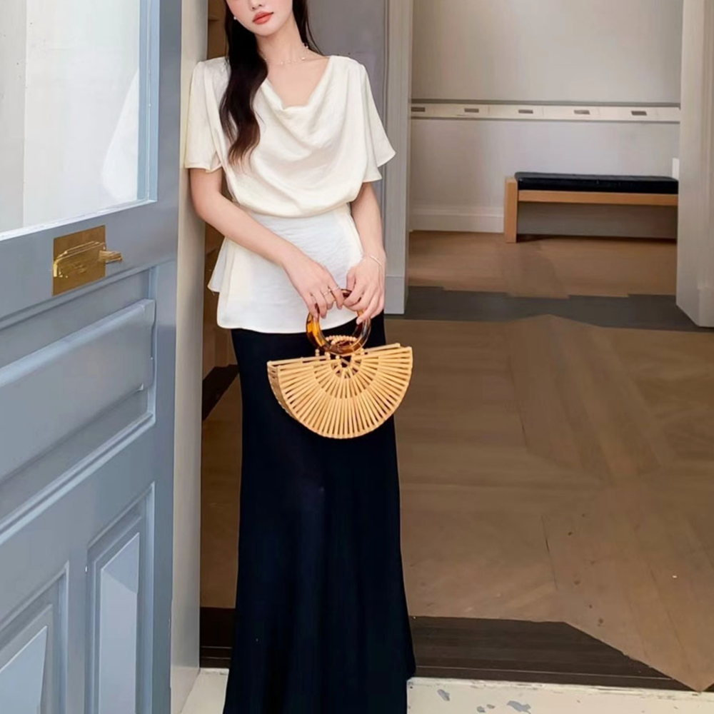 블라우스 결혼식하객룩 여름 여성 반팔 모임 오버핏 리본 셔츠 이미지 7
