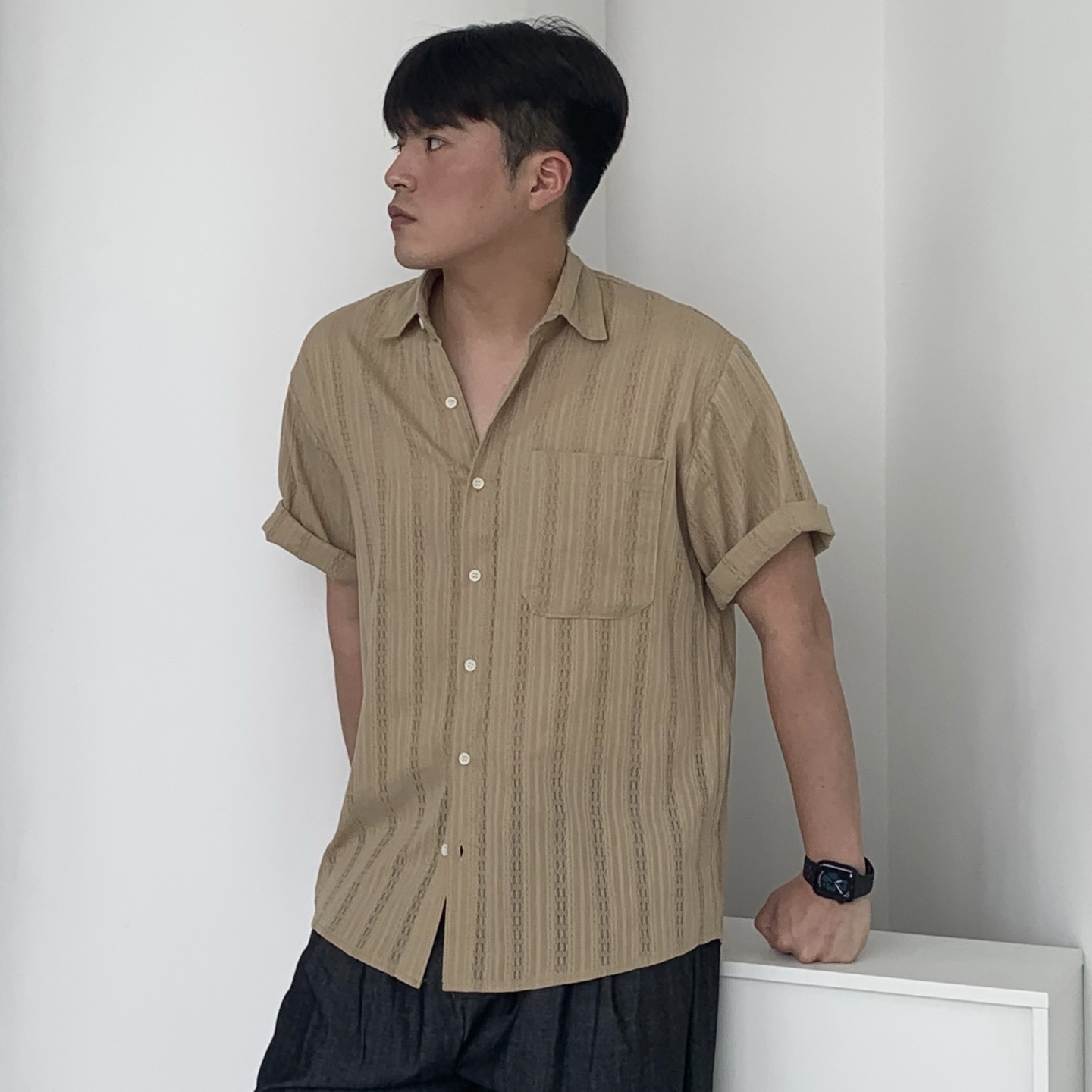 여름 크로셰 펀칭셔츠 시스루셔츠 남자휴양지룩 - 메인 이미지