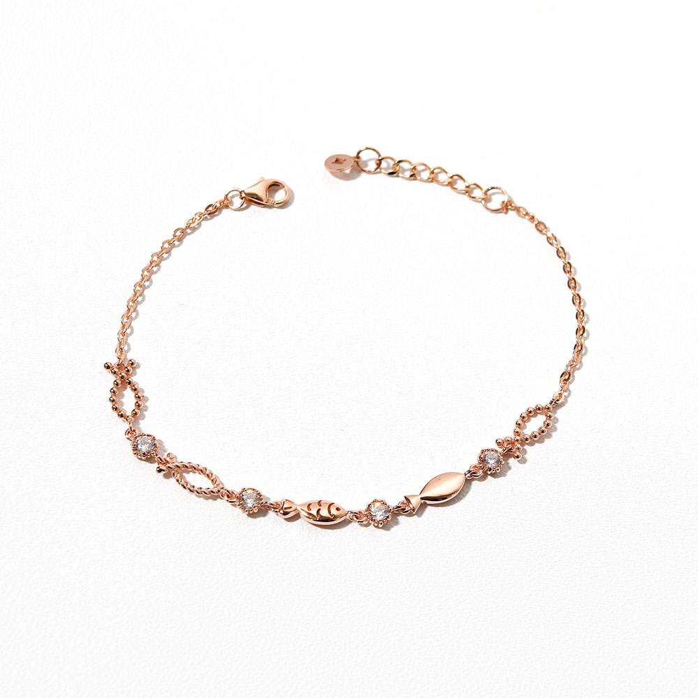 14K 18K 큐빅 믹스 물고기 체인 팔찌 레이어드 행운 데일리 여자 선물