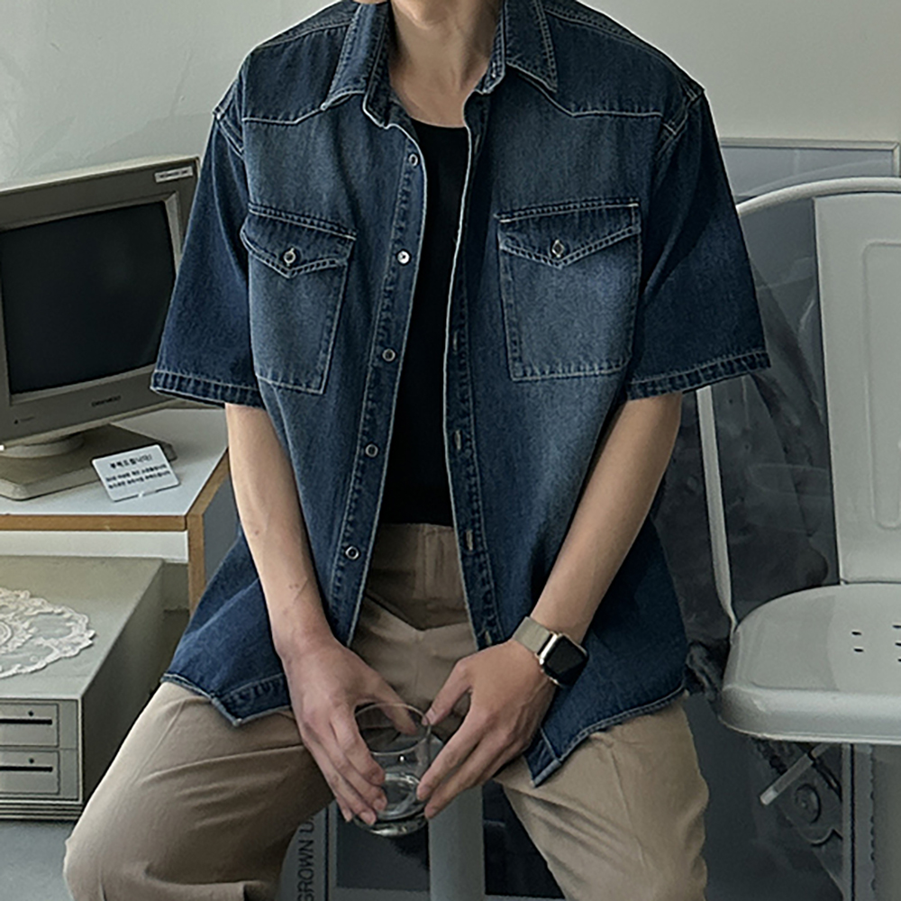 남자 셔츠 오버핏 여름 데님 반팔청남방 남자반팔셔츠 - 상세 이미지 2