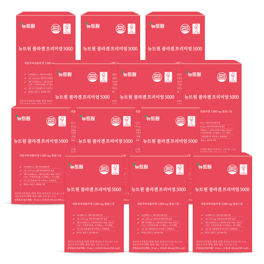 뉴트원 콜라겐프리미엄5000 저분자피쉬 어린콜라겐 300달톤 15포, 12개