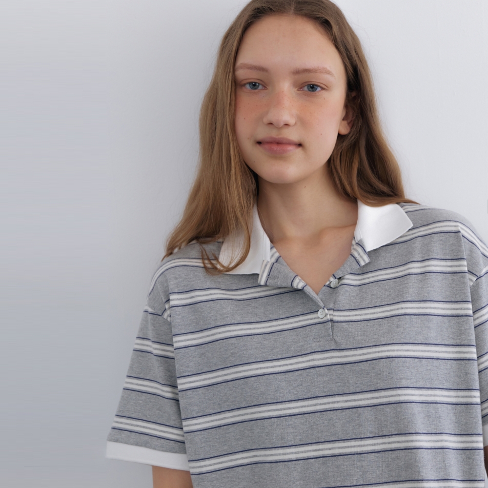 [어나우트] STRIPE COLLAR T-SHIRT GREY - 상세 이미지 3