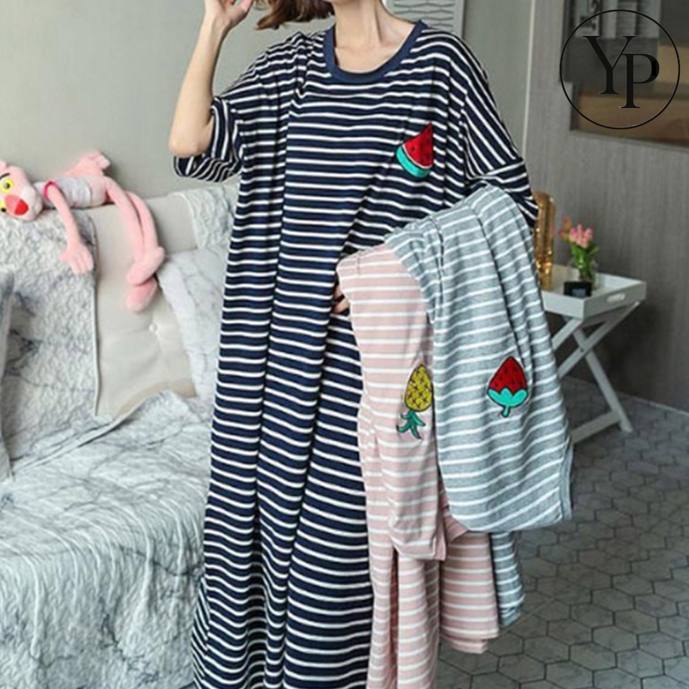 빅사이즈 반팔 롱 원피스 스트라이프 데일리 여름 잠옷 홈웨어 키작녀 체형커버 엄마등원룩