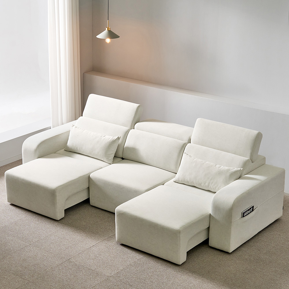 스코나 엘런스 아쿠아텍스 모션 슬라이딩 무빙 리클라이너 소파 스툴미포함, 아이보리, 4인용