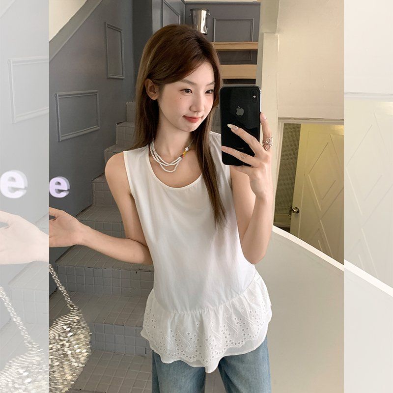 여성 루즈핏 민소매 나시 레이스 자수 밑단 여름 데일리 기본티 텐셀 코튼 상의 - 상세 이미지 3