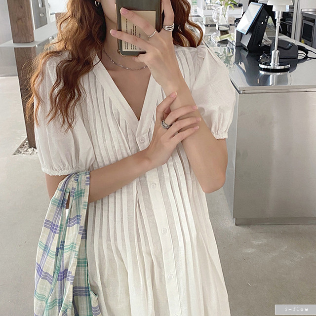 모니카 세로 핀턱 버튼 롱 원피스 3color 제이플로우 린넨 여름 루즈핏 주름 브이넥