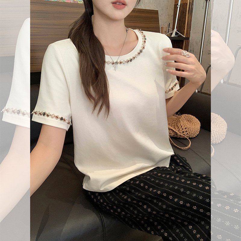여성 라운드넥 진주 비즈 반팔티 루즈핏 여름 데일리 이지웨어 캐주얼 기본티 상의 - 상세 이미지 5