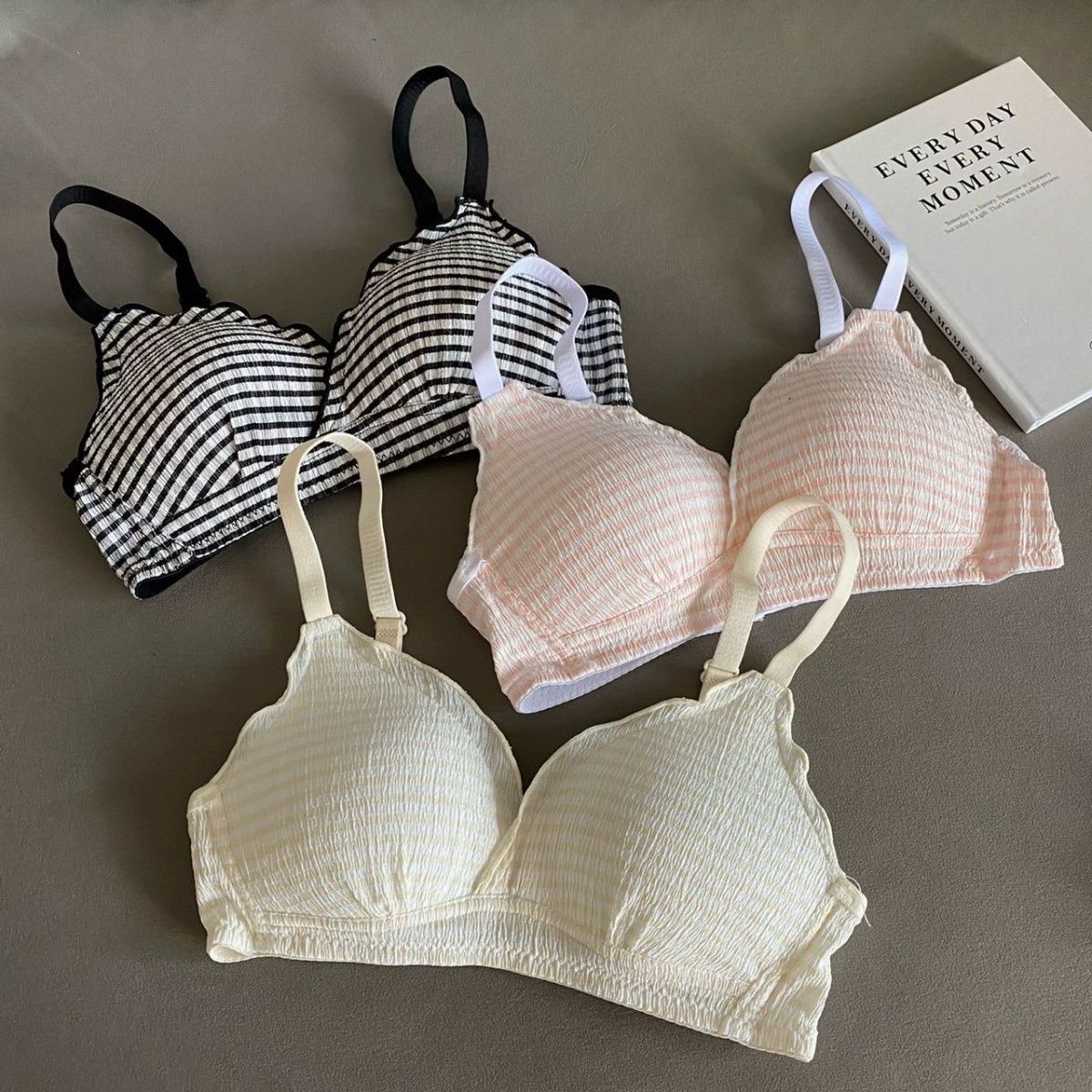 브라자 체크무늬 심플한 귀여운 여름 언더와이어 편안한 브레지어 여성 속옷 1.검정색+검정색 - 상세 이미지 3