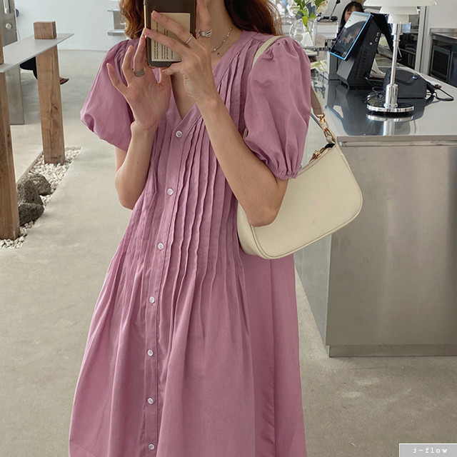 모니카 세로 핀턱 버튼 롱 원피스 3color 제이플로우 린넨 여름 루즈핏 주름 브이넥