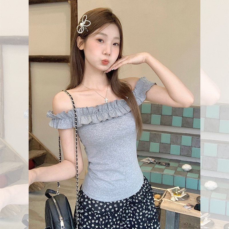 여성 오프숄더 프릴 티셔츠 슬림핏 루즈핏 반팔 여름 데일리 면스판 캐주얼 상의 - 상세 이미지 3
