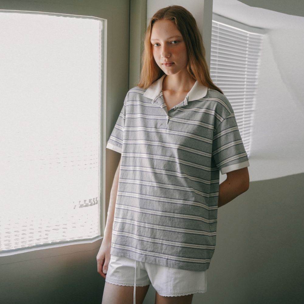 [어나우트] STRIPE COLLAR T-SHIRT GREY - 상세 이미지 4