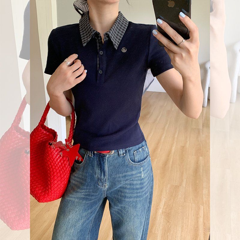 여성 슬림핏 폴로카라 반팔티 배색 체크넥 여름 데일리 면스판 캐주얼 기본 상의 - 상세 이미지 5
