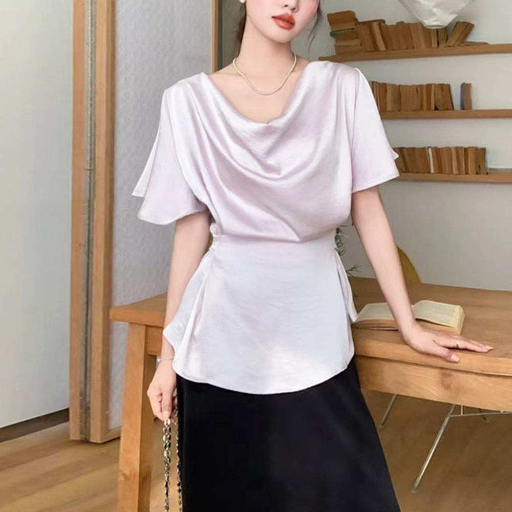 블라우스 결혼식하객룩 여름 여성 반팔 모임 오버핏 리본 셔츠 - 상세 이미지 3