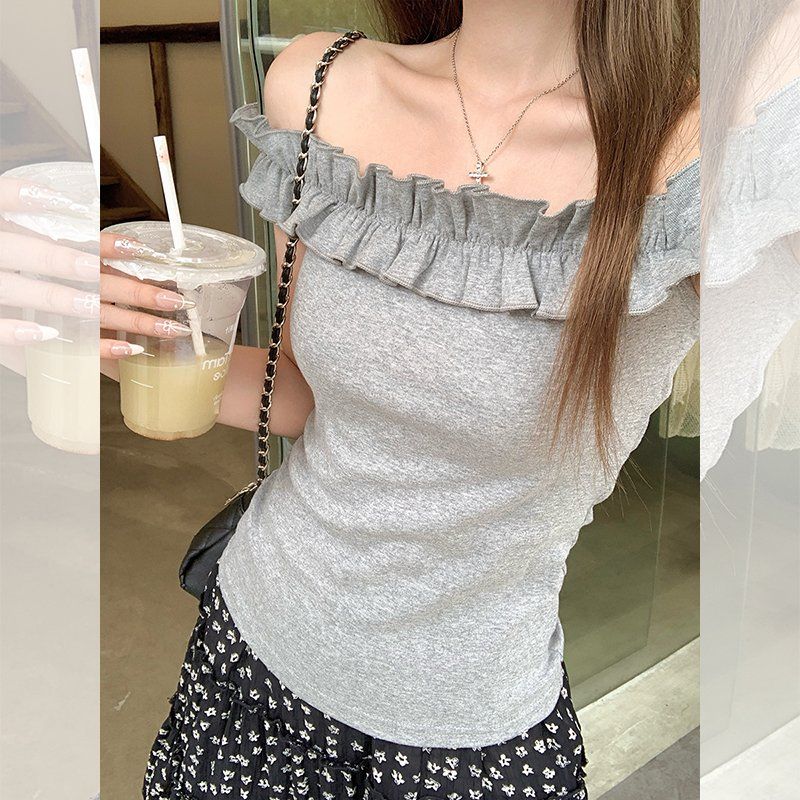 여성 오프숄더 프릴 티셔츠 슬림핏 루즈핏 반팔 여름 데일리 면스판 캐주얼 상의 - 상세 이미지 5