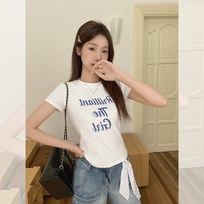 여성 슬림핏 라운드넥 레터링 프린팅 반팔티 면스판 여름 데일리 캐주얼 상의 - 상세 이미지 2